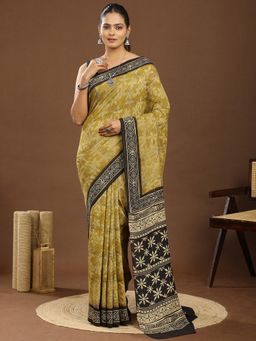 Ushvii - Ajrakh Floral Print Mustard Saree With Unstitched Blouse