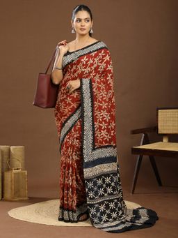 Ushvii - Ajrakh Floral Print Red Saree With Unstitched Blouse