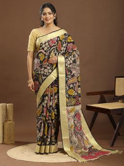 Ushvii - Cotton Silk Floral Motif Kalamkari Black Saree With Unstitched Blouse
