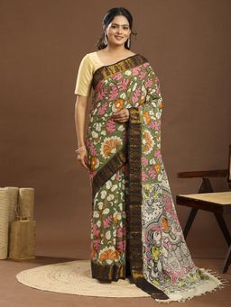 Ushvii - Cotton Silk Floral Motif Kalamkari Green Saree With Unstitched Blouse
