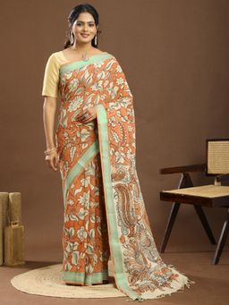 Ushvii - Cotton Silk Floral Motif Kalamkari Orange Saree With Unstitched Blouse