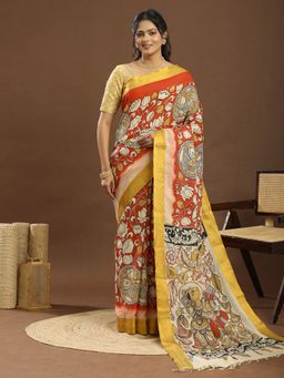 Ushvii - Cotton Silk Floral Motif Kalamkari Red Saree With Unstitched Blouse