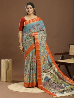 Ushvii - Cotton Silk Floral Motif Kalamkari Blue Saree With Unstitched Blouse