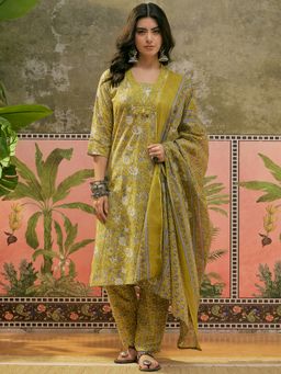 Vastramyaa - Women Mustard Cotton Blend Floral Kurta With Pant & Dupatta