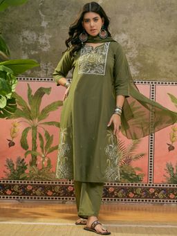 Vastramyaa - Women Olive Cotton Blend Floral Kurta With Pant & Dupatta