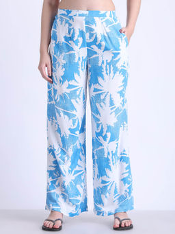 AOBA - Women Blue Floral Printed Relaxed High-Rise Pleated Parallel Trousers