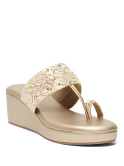 ERIDANI - Elyra Gold Embroidered Toe Post Wedges Heels for Women