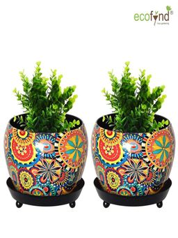Ecofynd - Lily Multicolor Metal Pot With Saucer Plate