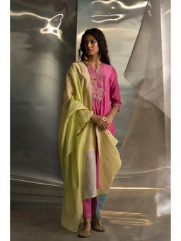 Charkhee - Pink Mis'R Embroidered Gathered Kurta with Pant and Dupatta (Set of 3)
