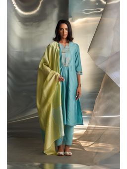 Charkhee - Blue Mis'R Embroidered Gathered Kurta with Pant and Dupatta (Set of 3)