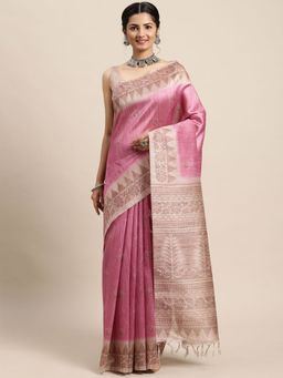 Odette - Womens Silk Blend Pink Printed Designer Saree with Unstitched Blouse