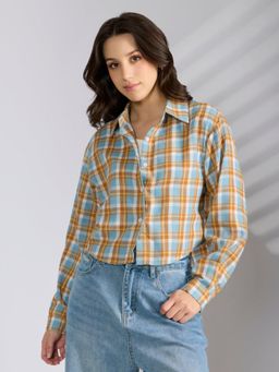 SHOWOFF - Women Blue Cotton Blend Oversized Fit Checks Shirt with Inner