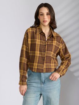 SHOWOFF - Women Mustard Cotton Blend Oversized Fit Checks Shirt with Inner