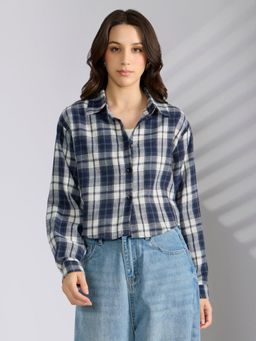 SHOWOFFFF - Women Navy Blue Cotton Blend Oversized Fit Checks Shirt with Inner