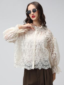 SHOWOFF - Women Cream Nylon Regular Fit Embroidered Shirt