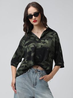 SHOWOFFFF - Women Black Cotton Blend Relaxed Fit Floral Shirt