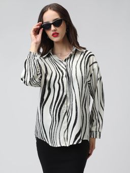 SHOWOFF - Women Off White Cotton Blend Relaxed Fit Abstract Shirt