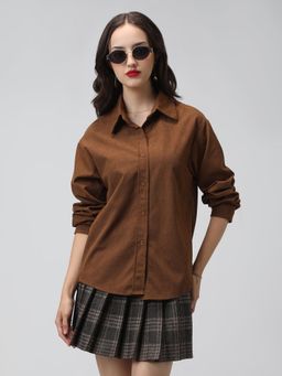 SHOWOFF - Women Brown Corduroy Relaxed Fit Solid Shirt