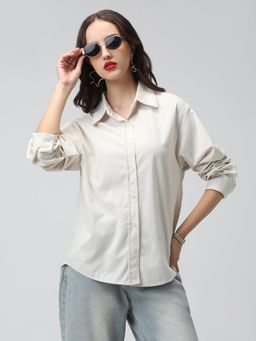 SHOWOFF - Women Off White Corduroy Relaxed Fit Solid Shirt