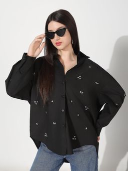 SHOWOFF - Women Black Cotton Oversized Fit Embellished Shirt