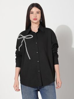 SHOWOFF - Women Black Cotton Oversized Fit Embellished Shirt