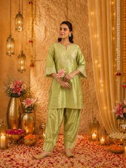 MOKOSH - Elaichi Green Embroidered Silk Kurti with Farsi Salwar