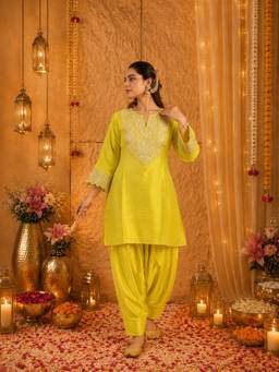 MOKOSH - Lemon Yellow Embroidered Silk Kurti with Farsi Salwar
