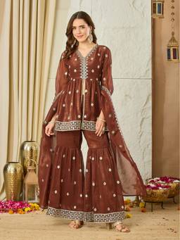 MOKOSH - Coffee Brown Embroidered Silk Peplum Kurta and Sharara with Dupatta