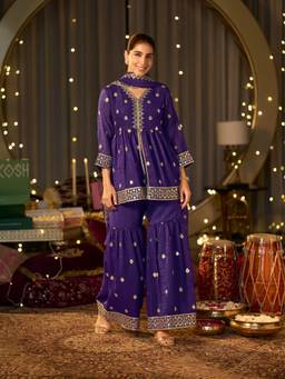 MOKOSH - Purple Embroidered Silk Peplum Kurta and Sharara with Dupatta