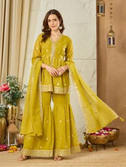 MOKOSH - Neon Yellow Embroidered Silk Peplum Kurta and Sharara with Dupatta