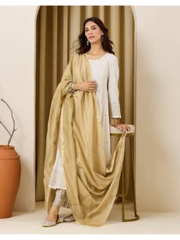Fabindia - Beige Pistachio Cotton Silk Blend Embroidered Dupatta