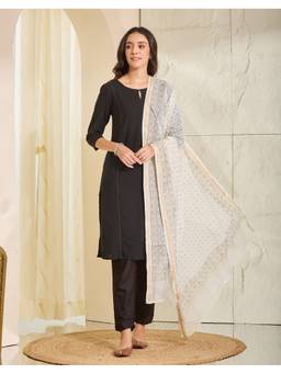 Fabindia - Natural Off White Cotton Silk Blend Hand Block Printed Dupatta