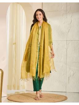 Fabindia - Lime Yellow Silk Blend Embroidered Dupatta