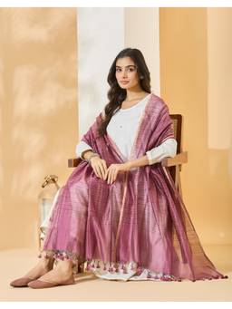 Fabindia - Mauve Cotton Silk Blend Hand Embroidered Dupatta