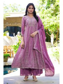 Miss Ethnik - Purple Chinon Embroidered Kurta and Palazzo with Dupatta