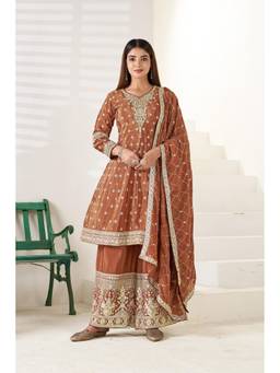 Miss Ethnik - Brown Chinon Embroidered Kurta and Palazzo with Dupatta