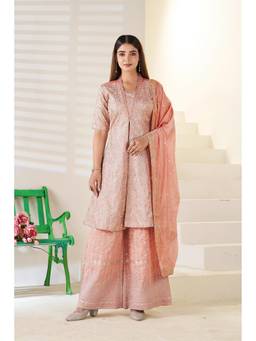 Miss Ethnik - Peach Silk Blend Embroidered Kurta and Palazzo with Dupatta