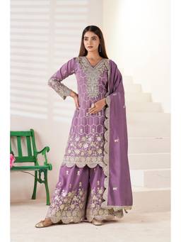 Miss Ethnik - Purple Silk Blend Embroidered Kurta and Palazzo with Dupatta