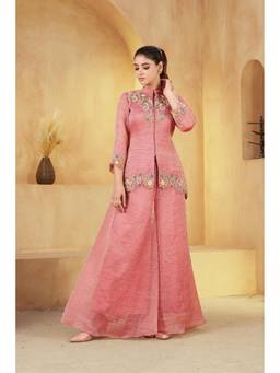 Miss Ethnik - Peach Organza Embroidered Co-Ord Set