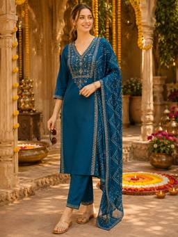 Nayam by lakshita - Teal Viscose Rayon Embroidered Kurta and Pant with Dupatta