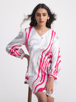 FableStreet - Satin Animal Print Shift Dress - Fuchsia And Grey