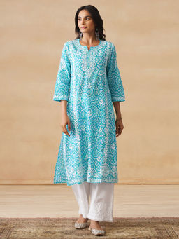 House of Chikankari - Aidah Chikankari Mulmul Straight Kurta -Turquoise Blue