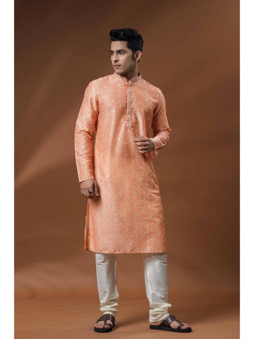 ETHNIC INDIA Men Geometric Embroidery Mandarin Collar Straight Kurta