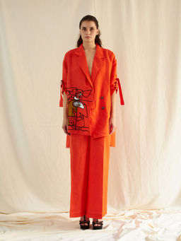 MINI SONDHI - Face Blended Embroidered Orange Blazer With Pant (Set of 2)