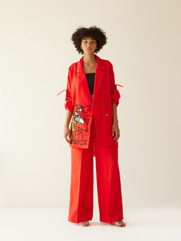 MINI SONDHI - Face Blended Embroidered Red Blazer With Pant (Set of 2)