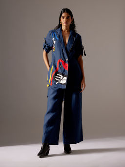 MINI SONDHI - Blended Embroidered Navy Blue Blazer With Pant (Set of 2)