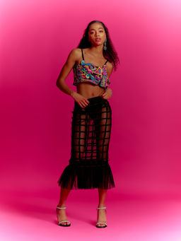 MINI SONDHI - Blurry Eyes Trippy Vibes Blended Self Design Bustier With Midi Skirt (Set of 2)