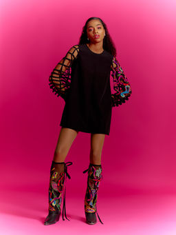 MINI SONDHI - Blurry Eyes Trippy Vibes Blended Self Design Black Mini Dress