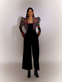 MINI SONDHI - Bricks Cut Out Crepe Self Design Multi-Color Jumpsuit With Jacket (Set of 2)