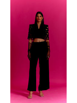 MINI SONDHI - Bricks Cut Out Blended Self Design Black Jacket With Pant (Set of 2)